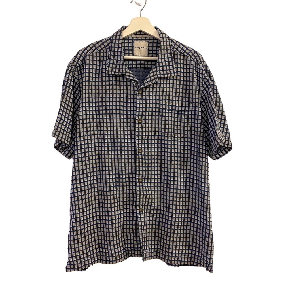 Tommy Bahama Button Collared Casual Shirt Blue Checked Plaid Silk men’s Size XL
